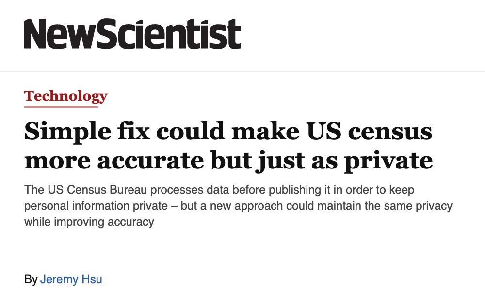New Scientist article: Simple fix could make US census more accurate but just as private